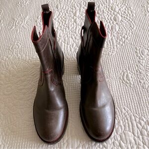 Tory Burch brown leather ankle boot w/red trim